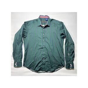 Robert Graham Men's LS Green Navy Blue Stripe Button Up Dress Shirt - Size 2XLT